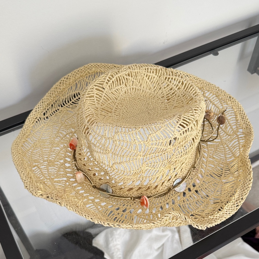 Beige Woven Straw Hat with Shell Accents